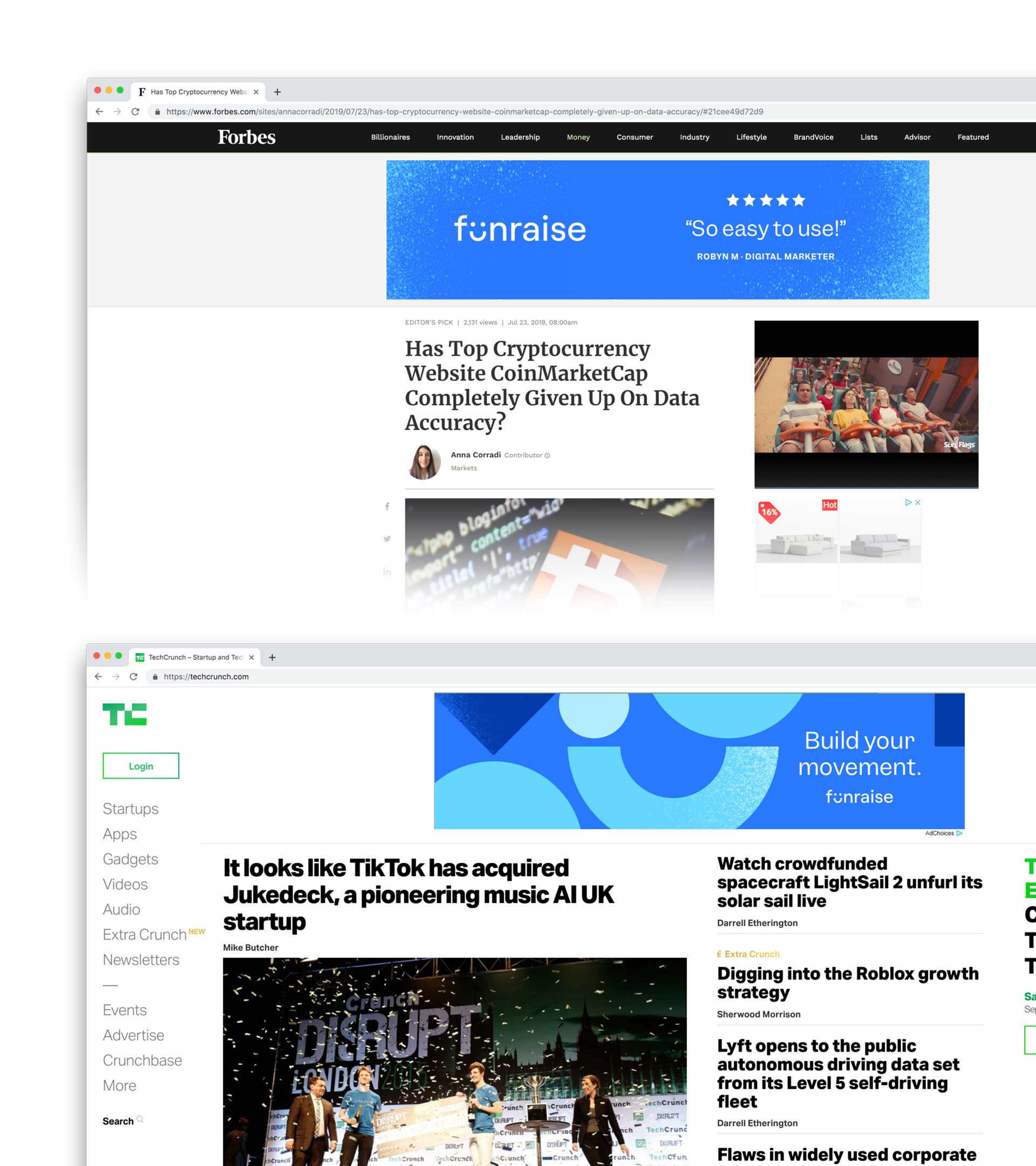 Funraise Ads on Forbes and Tech Crunch