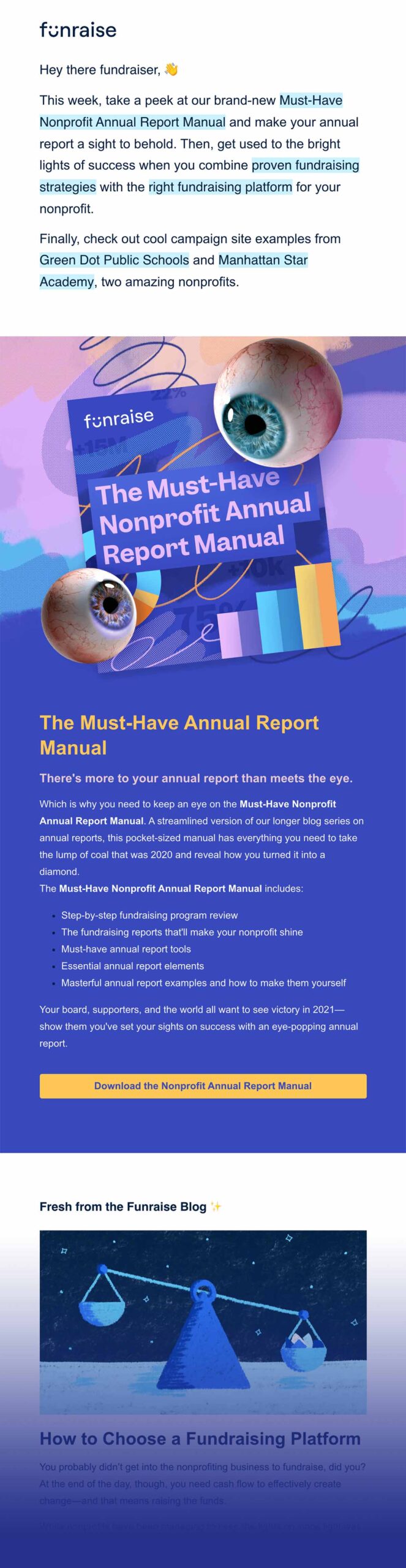Funraise email newsletter promoting the Annual Report Manual