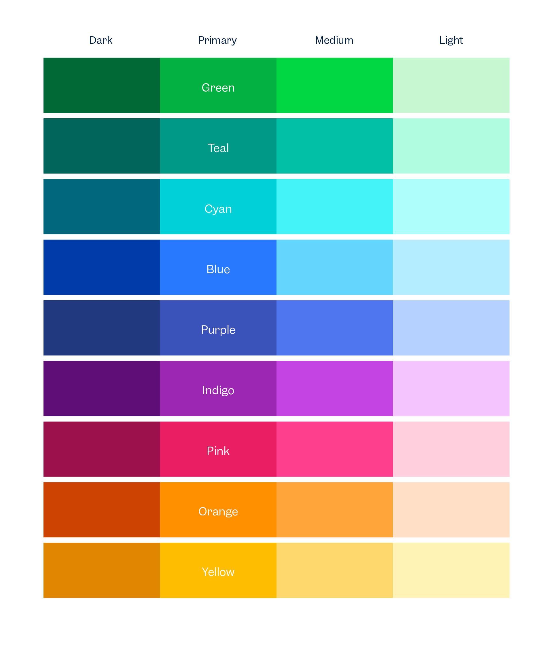 Secondary brand colors from dark to light