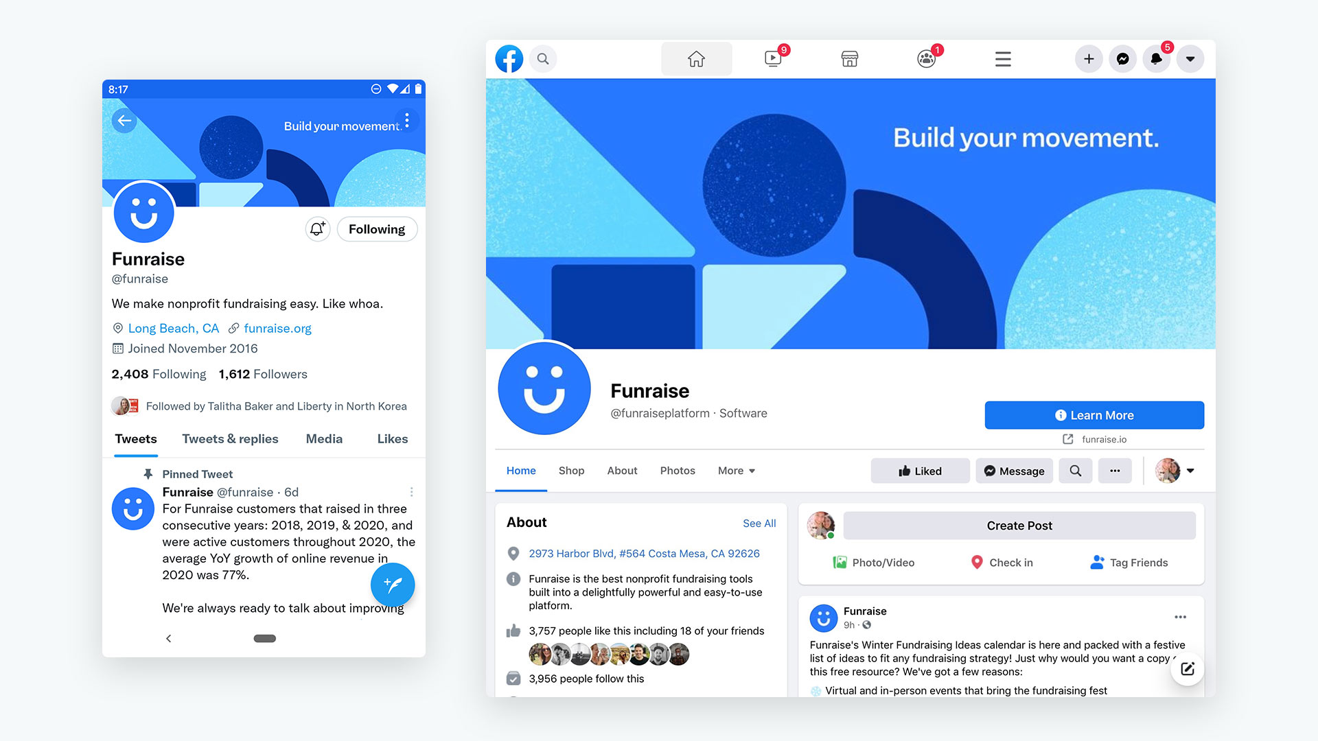 Funraise Twitter and Facebook Company Profiles